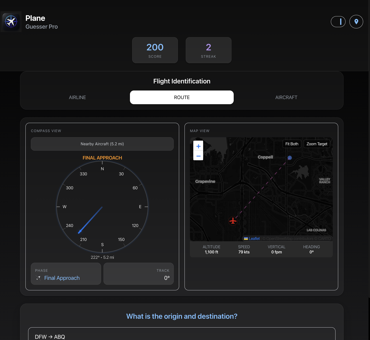 Plane Guesser Pro gameplay with compass and map views